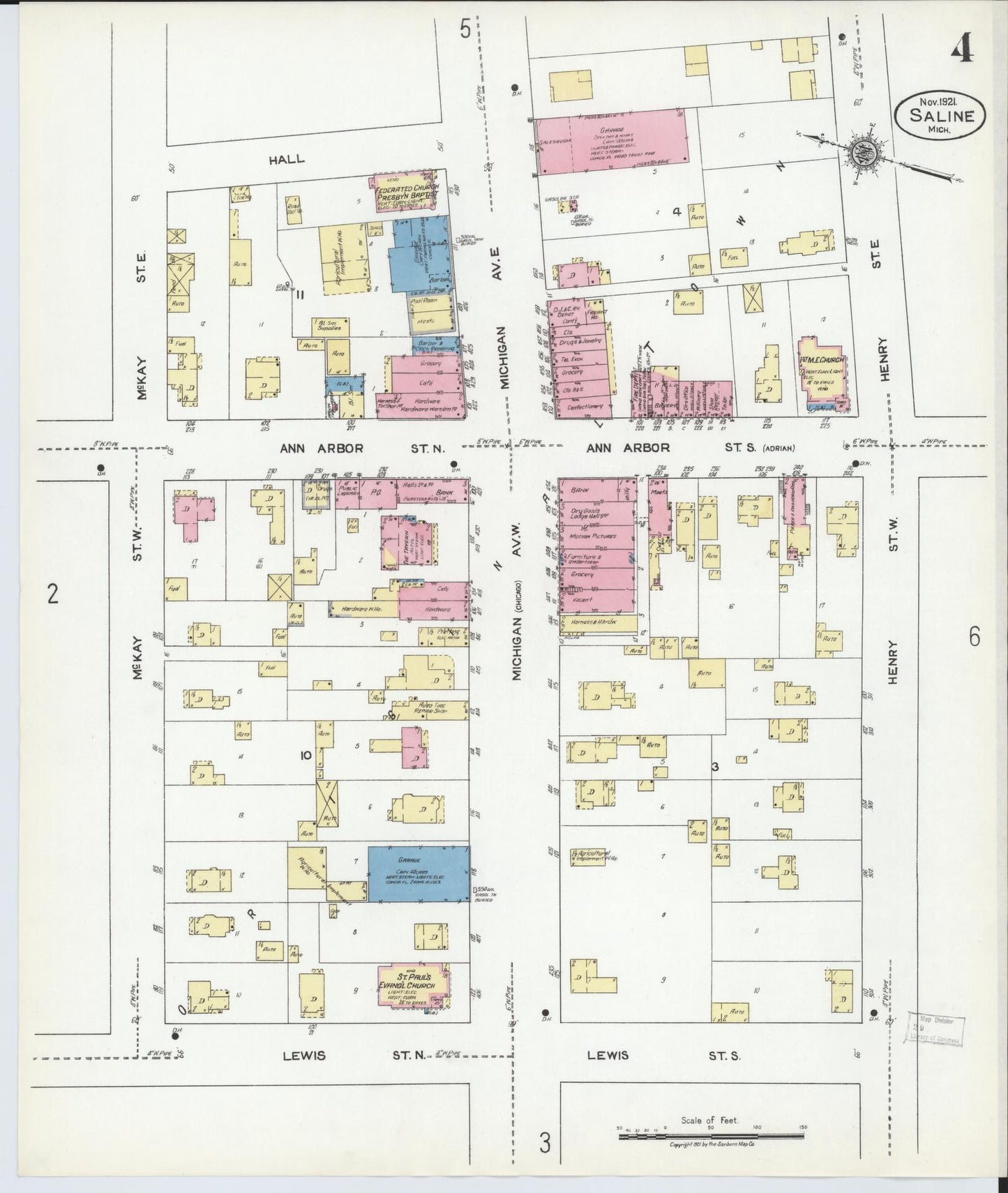 Sanborn Fire Insurance Map from Saline, Washtenaw County, Michigan (1921), Sheet #0004 - Complete Map Set gallery image, historic Sanborn map, vintage wall art, Michigan Michigan