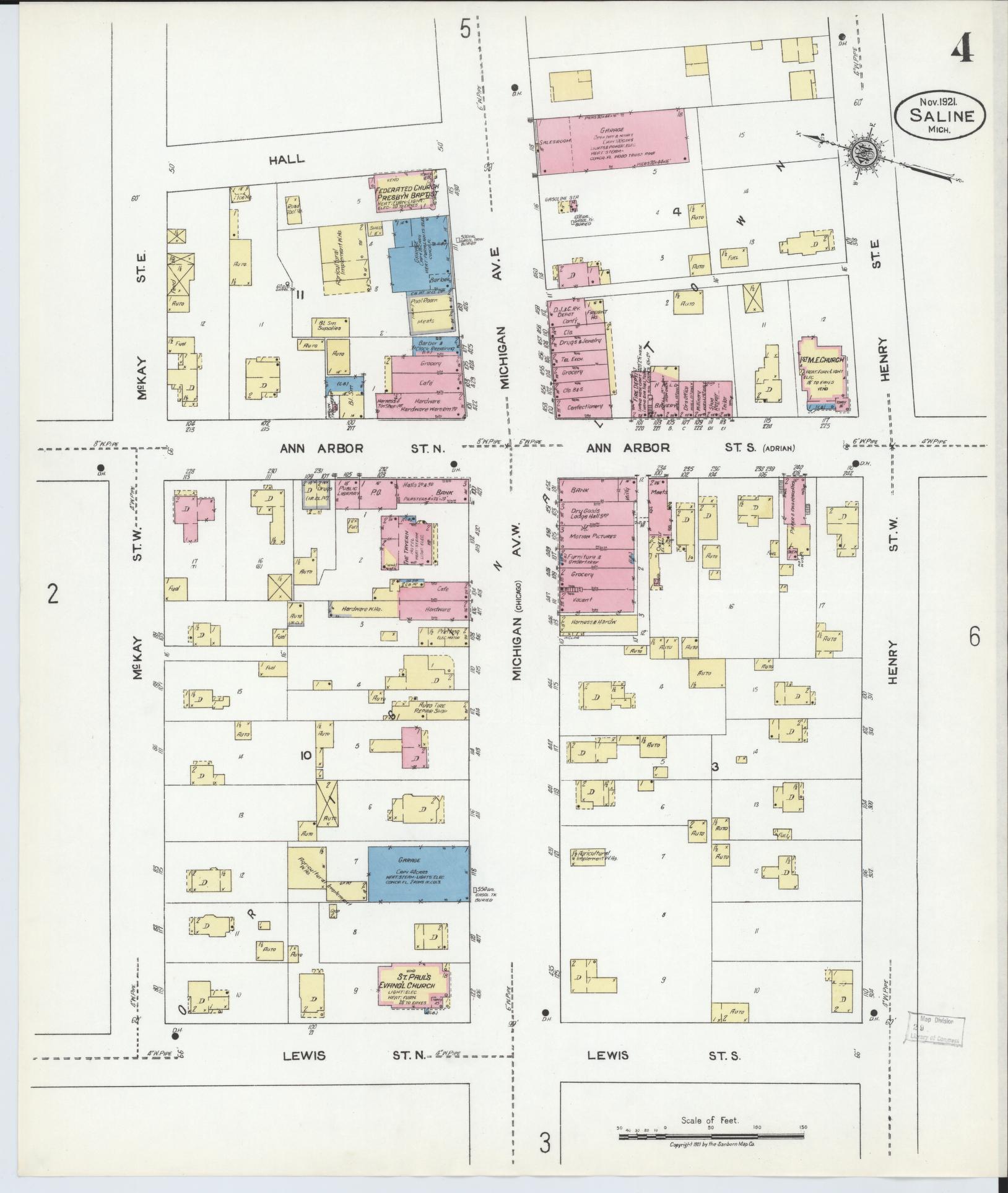 Sanborn Fire Insurance Map from Saline, Washtenaw County, Michigan (1921), Sheet #0004 - Complete Map Set gallery image, historic Sanborn map, vintage wall art, Michigan Michigan