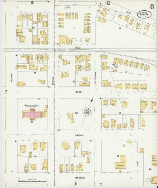 Sanborn Fire Insurance Map from Tampa, Hillsborough County, Florida (1899), Sheet #0008 - Historic Sanborn Fire Insurance Map Print, vintage old map wall art, antique decor, genealogy gift, Florida Florida map