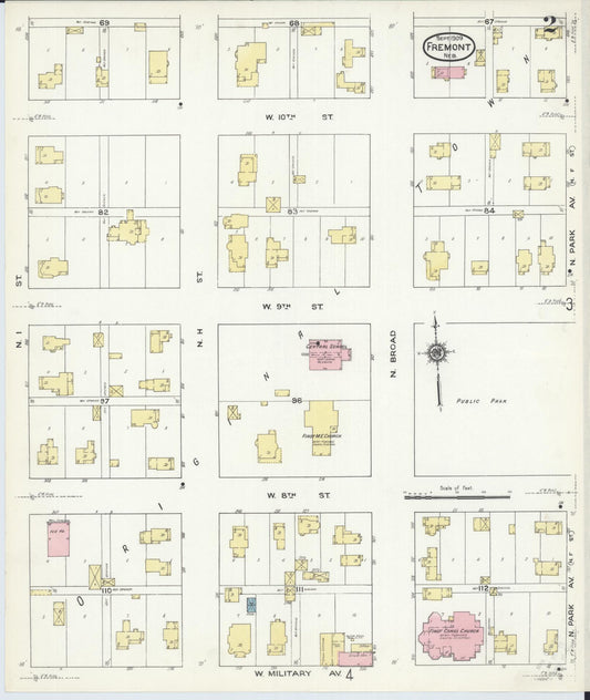 Sanborn Fire Insurance Map from Fremont, Dodge County, Nebraska (1909), Sheet #0002 - Historic Sanborn Fire Insurance Map Print, vintage old map wall art, antique decor, genealogy gift, Nebraska Nebraska map