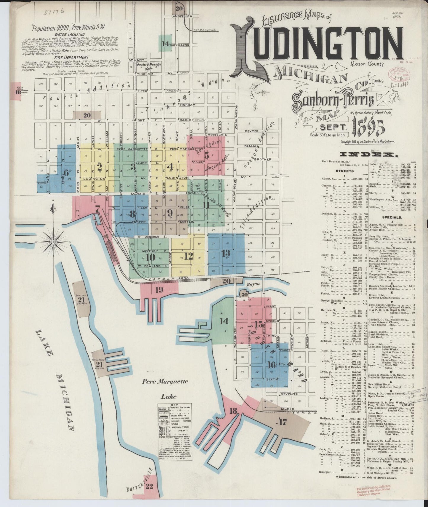 Sanborn Fire Insurance Map from Ludington, Mason County, Michigan (1895), Sheet #0001 - Complete Map Set gallery image, historic Sanborn map, vintage wall art, Michigan Michigan