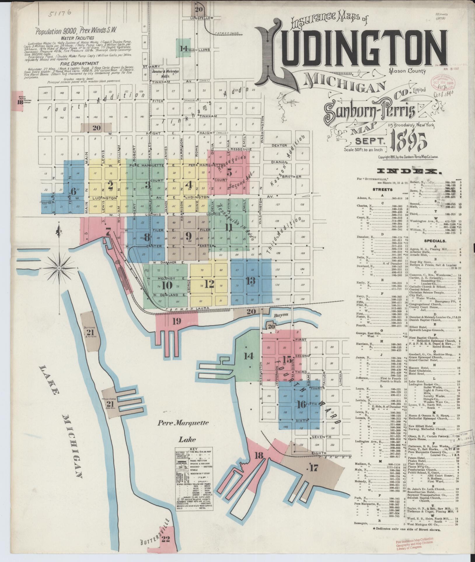 Sanborn Fire Insurance Map from Ludington, Mason County, Michigan (1895), Sheet #0001 - Complete Map Set gallery image, historic Sanborn map, vintage wall art, Michigan Michigan