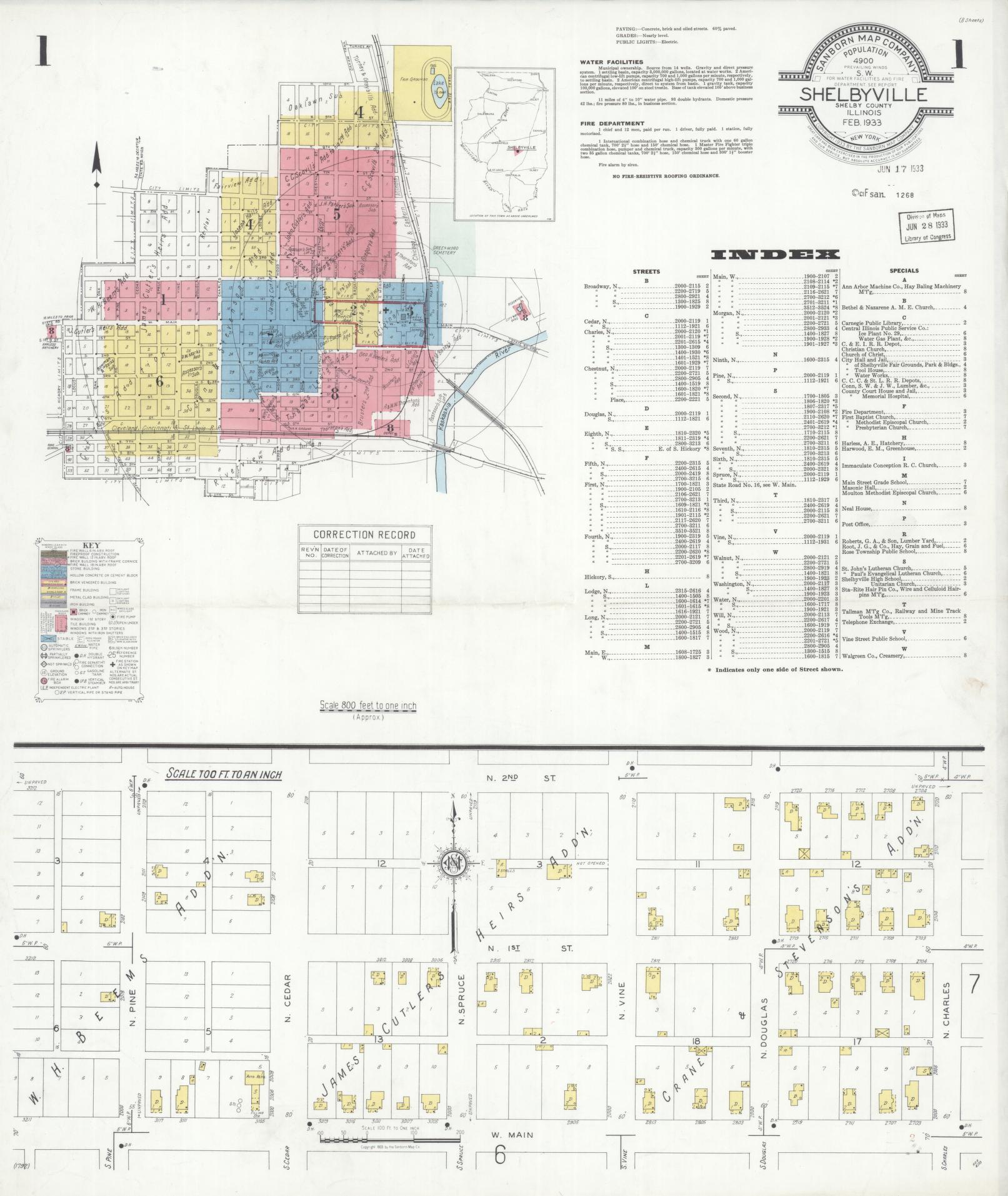 Sanborn Fire Insurance Map from Shelbyville, Shelby County, Illinois (1933), Sheet #0001 - Complete Map Set gallery image, historic Sanborn map, vintage wall art, Illinois Illinois