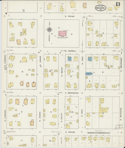 Sanborn Fire Insurance Map from Monroe, Green County, Wisconsin (1915), Sheet #0013 - Historic Sanborn Fire Insurance Map Print, vintage old map wall art, antique decor, genealogy gift, Wisconsin Wisconsin map