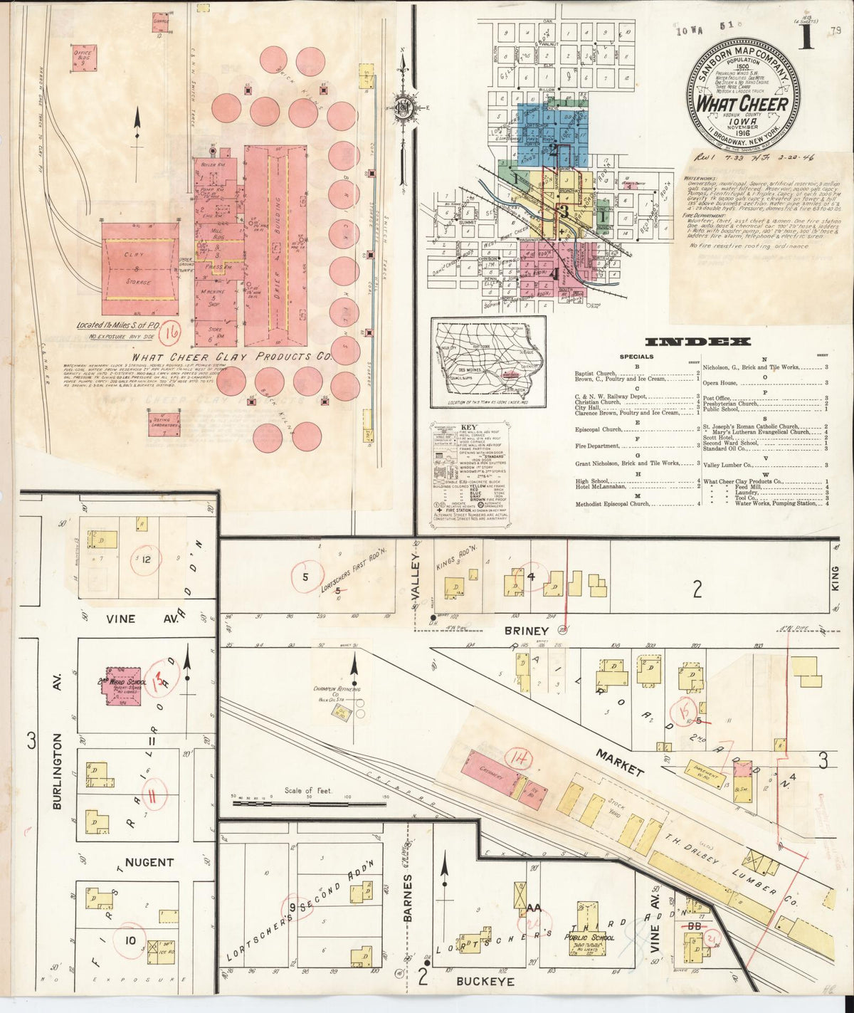 Sanborn Fire Insurance Map from What Cheer, Keokuk County, Iowa (1933), Sheet #0001 - Historic Sanborn Fire Insurance Map Print, vintage old map wall art