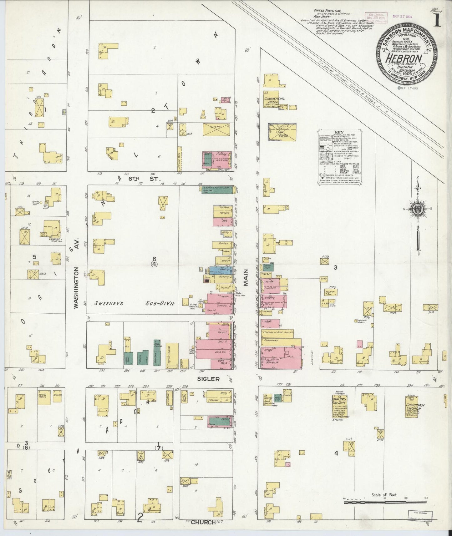 Sanborn Fire Insurance Map from Hebron, Porter County, Indiana (1909), Sheet #0001 - Historic Sanborn Fire Insurance Map Print, vintage old map wall art, antique decor, genealogy gift, Indiana Indiana map