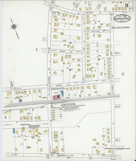 Sanborn Fire Insurance Map from Rockville Centre, Nassau County, New York (1919), Sheet #0009 - Historic Sanborn Fire Insurance Map Print, vintage old map wall art, antique decor, genealogy gift, New York New York map
