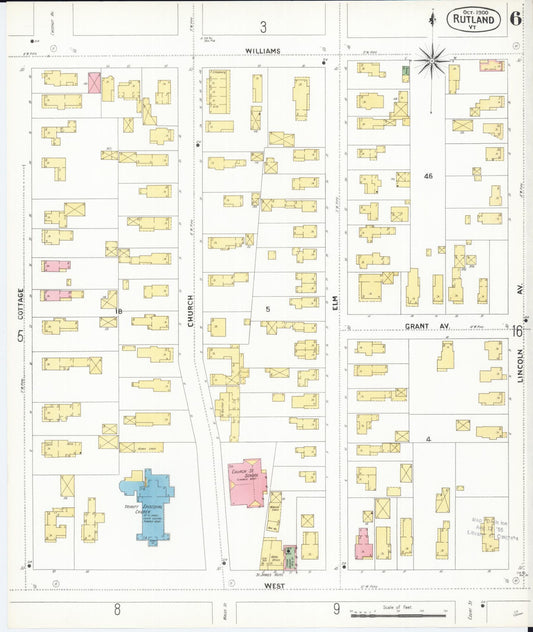 Sanborn Fire Insurance Map from Rutland, Rutland County, Vermont (1900), Sheet #0006 - Historic Sanborn Fire Insurance Map Print, vintage old map wall art, antique decor, genealogy gift, Vermont Vermont map