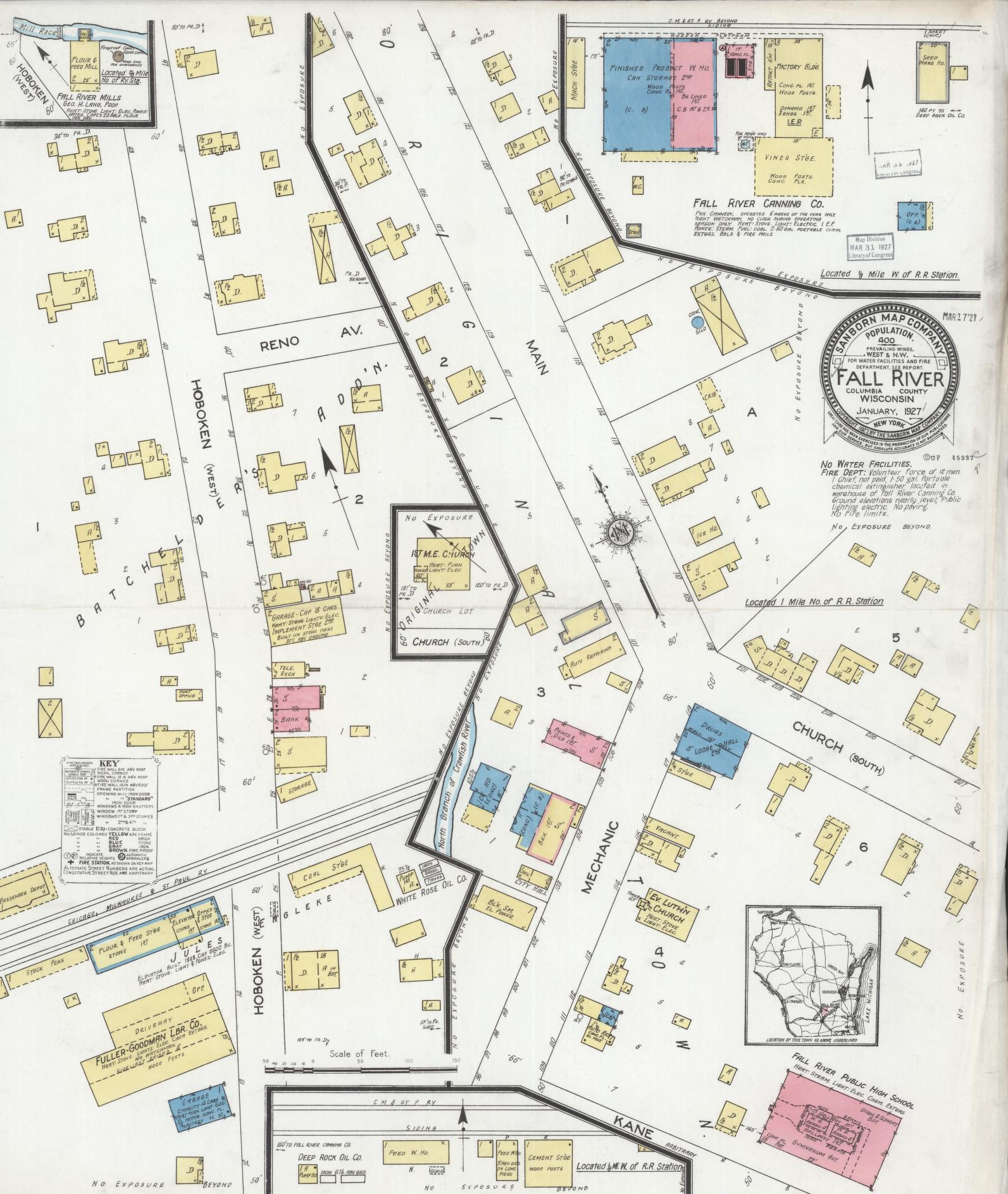 Sanborn Fire Insurance Map from Fall River, Columbia County, Wisconsin (1927), Sheet #0001 - Historic Sanborn Fire Insurance Map Print, vintage old map wall art, antique decor, genealogy gift, Wisconsin Wisconsin map