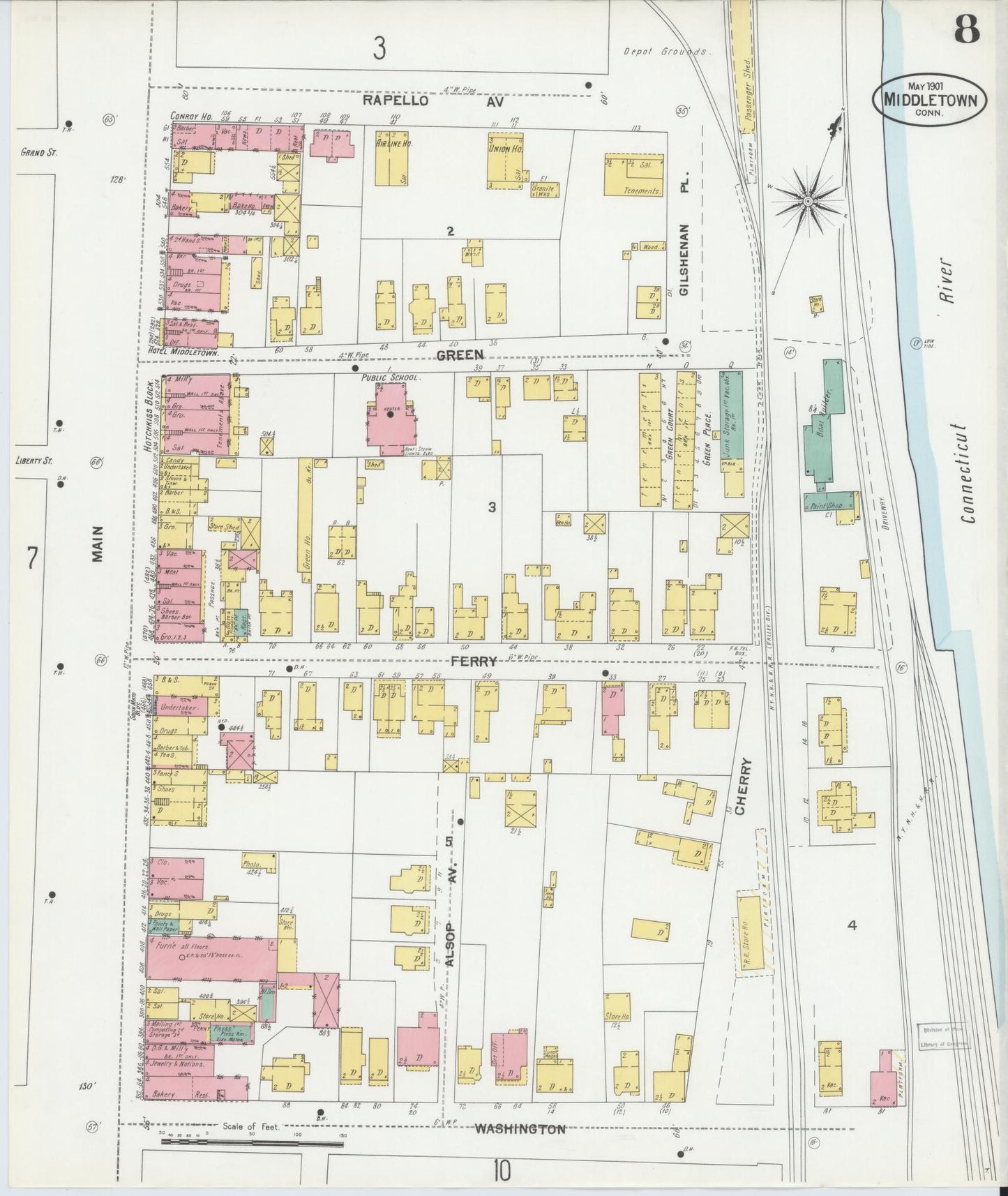 Sanborn Fire Insurance Map from Middletown, Middlesex County, Connecticut (1901), Sheet #0008 - Historic Sanborn Fire Insurance Map Print, vintage old map wall art, antique decor, genealogy gift, Connecticut Connecticut map