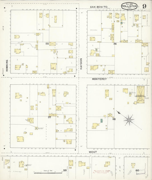 Sanborn Fire Insurance Map from Hollister, San Benito County, California (1892), Sheet #0009 - Historic Sanborn Fire Insurance Map Print, vintage old map wall art, antique decor, genealogy gift, California California map