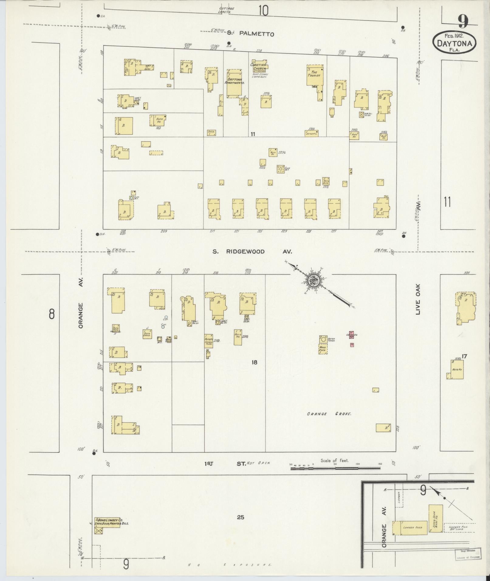 Sanborn Fire Insurance Map from Daytona, Volusia County, Florida (1912), Sheet #0009 - Historic Sanborn Fire Insurance Map Print, vintage old map wall art, antique decor, genealogy gift, Florida Florida map