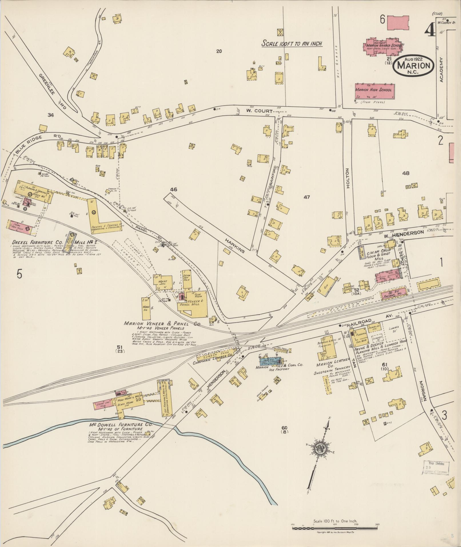Sanborn Fire Insurance Map from Marion, Mcdowell County, North Carolina (1922), Sheet #0004 - Complete Map Set gallery image, historic Sanborn map, vintage wall art, North Carolina North Carolina