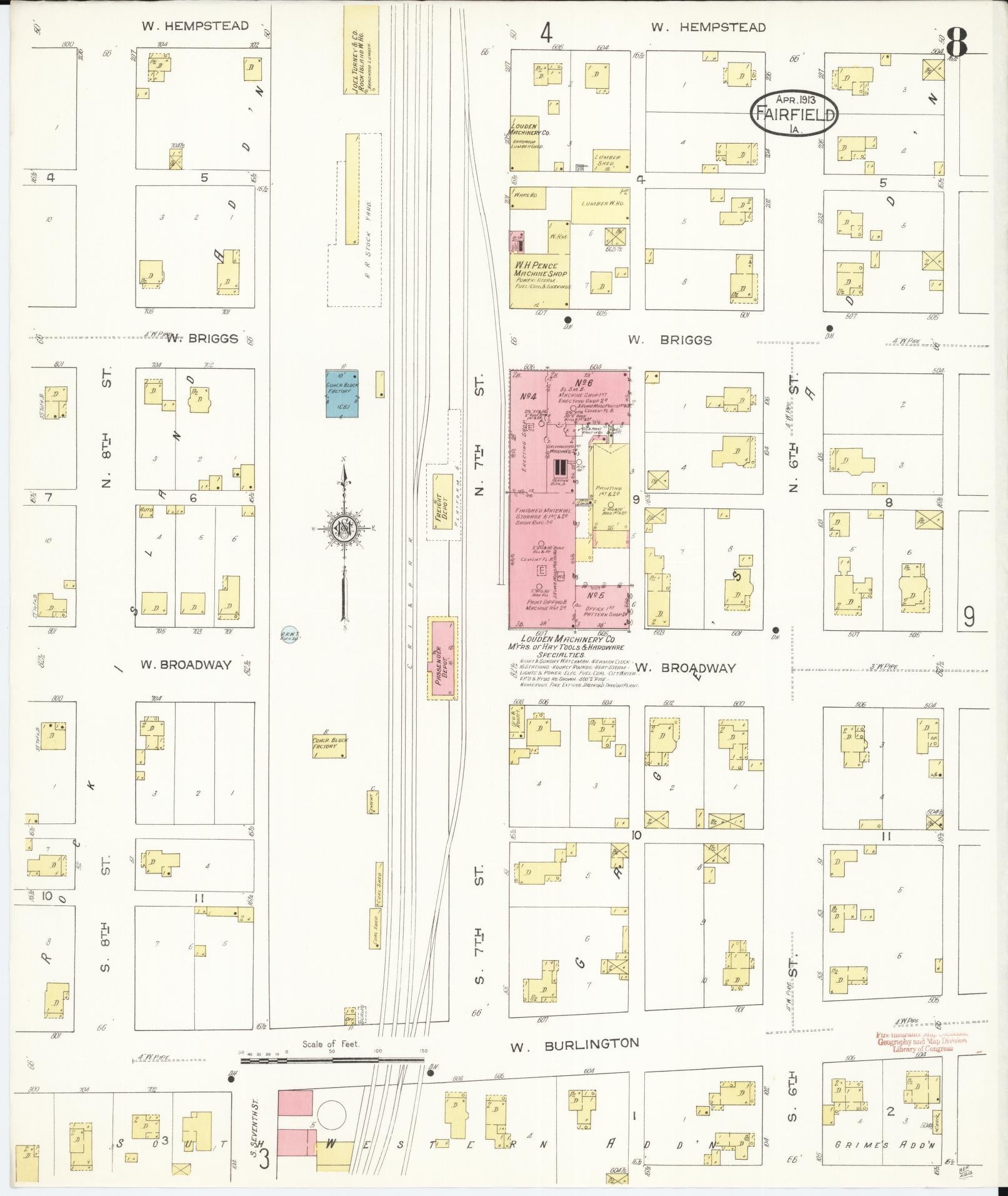 Sanborn Fire Insurance Map from Fairfield, Jefferson County, Iowa (1913), Sheet #0008 - Historic Sanborn Fire Insurance Map Print, vintage old map wall art