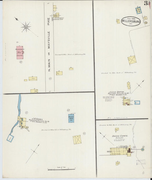 Sanborn Fire Insurance Map from Millersburg, Bourbon County, Kentucky (1886), Sheet #0003 - Historic Sanborn Fire Insurance Map Print, vintage old map wall art, antique decor, genealogy gift, Kentucky Kentucky map
