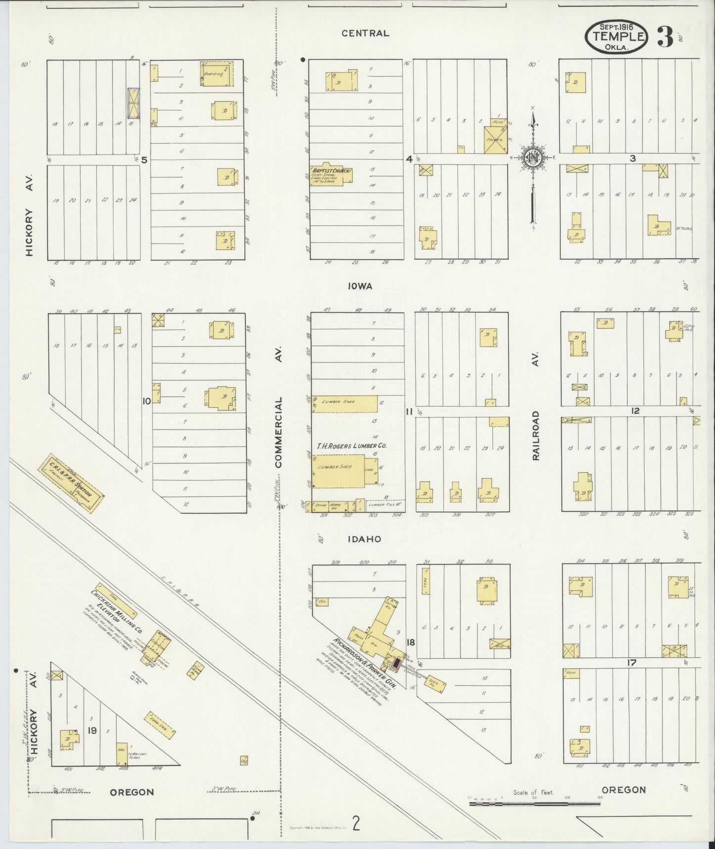 Sanborn Fire Insurance Map from Temple, Cotton County, Oklahoma (1916), Sheet #0003 - Historic Sanborn Fire Insurance Map Print, vintage old map wall art, antique decor, genealogy gift, Oklahoma Oklahoma map