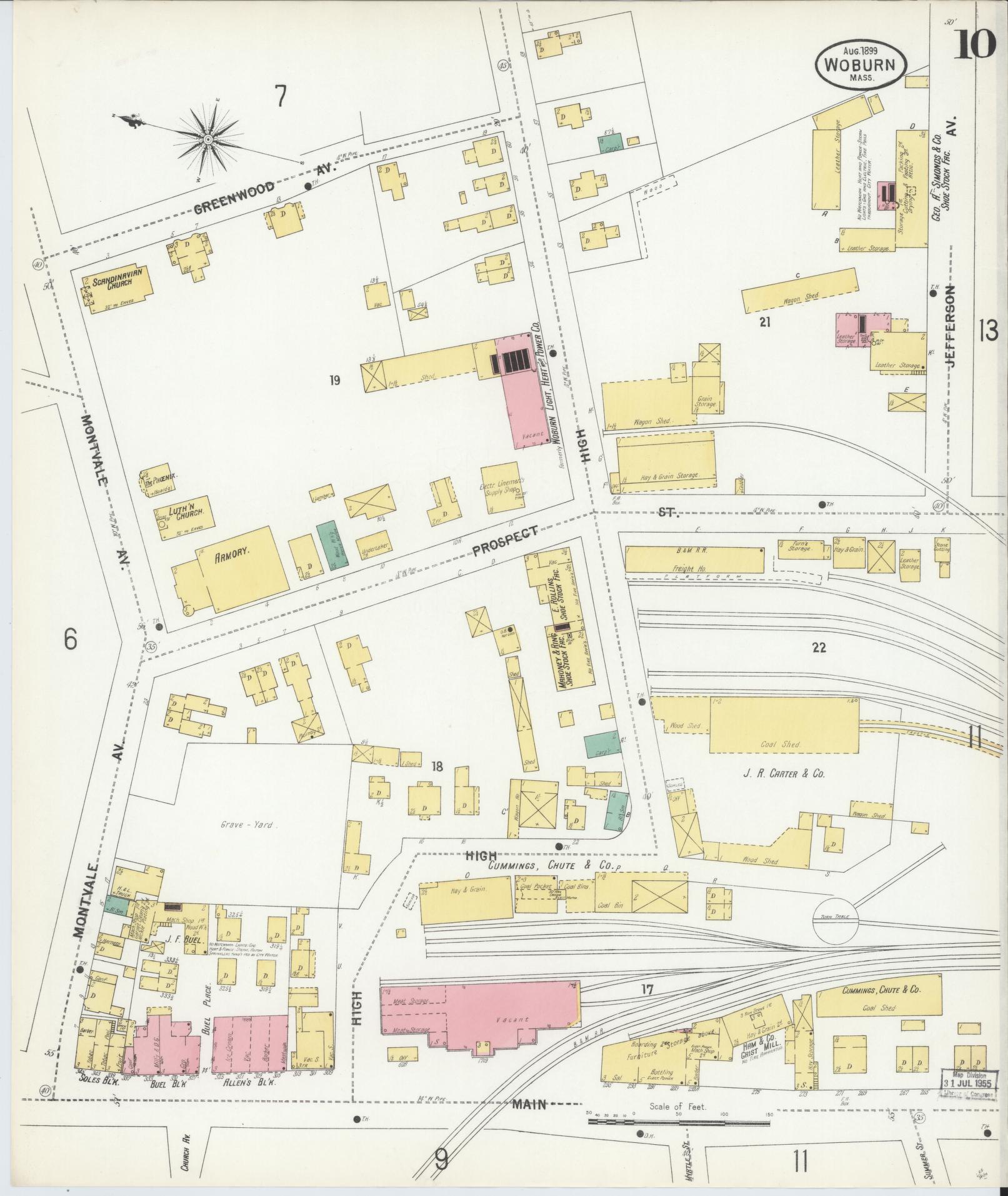 Sanborn Fire Insurance Map from Woburn, Middlesex County, Massachusetts (1899), Sheet #0010 - Complete Map Set gallery image, historic Sanborn map, vintage wall art, Massachusetts Massachusetts
