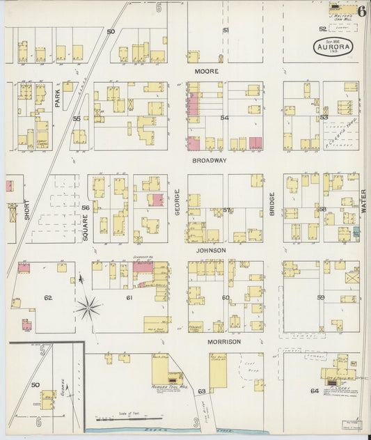 Sanborn Fire Insurance Map from Aurora, Dearborn County, Indiana (1892), Sheet #0006 - Historic Sanborn Fire Insurance Map Print, vintage old map wall art, antique decor, genealogy gift, Indiana Indiana map