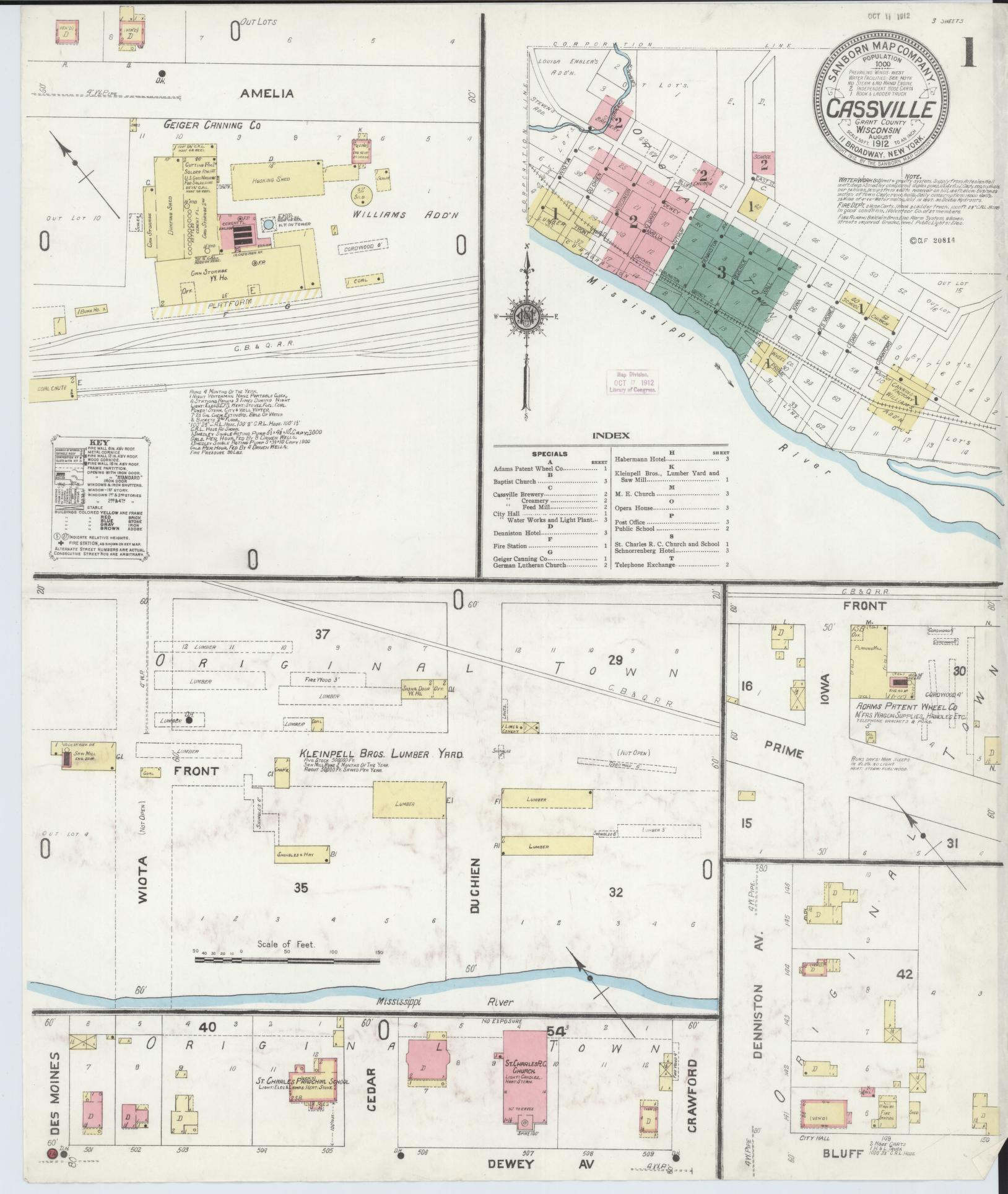 Sanborn Fire Insurance Map from Cassville, Grant County, Wisconsin (1912), Sheet #0001 - Historic Sanborn Fire Insurance Map Print, vintage old map wall art, antique decor, genealogy gift, Wisconsin Wisconsin map
