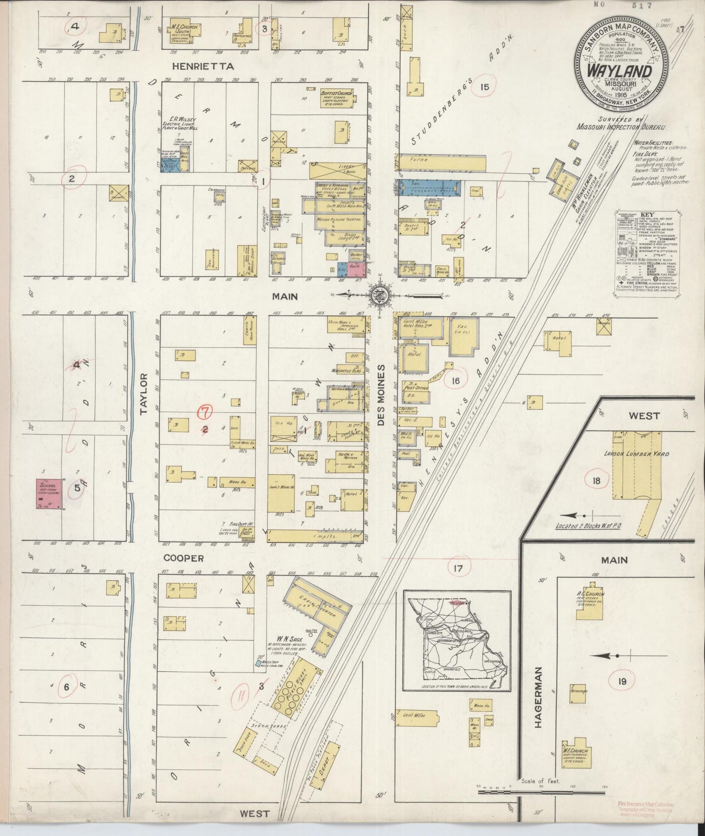 Sanborn Fire Insurance Map from Wayland, Clark County, Missouri. (1916) – Historic Sanborn Fire Insurance Map Print