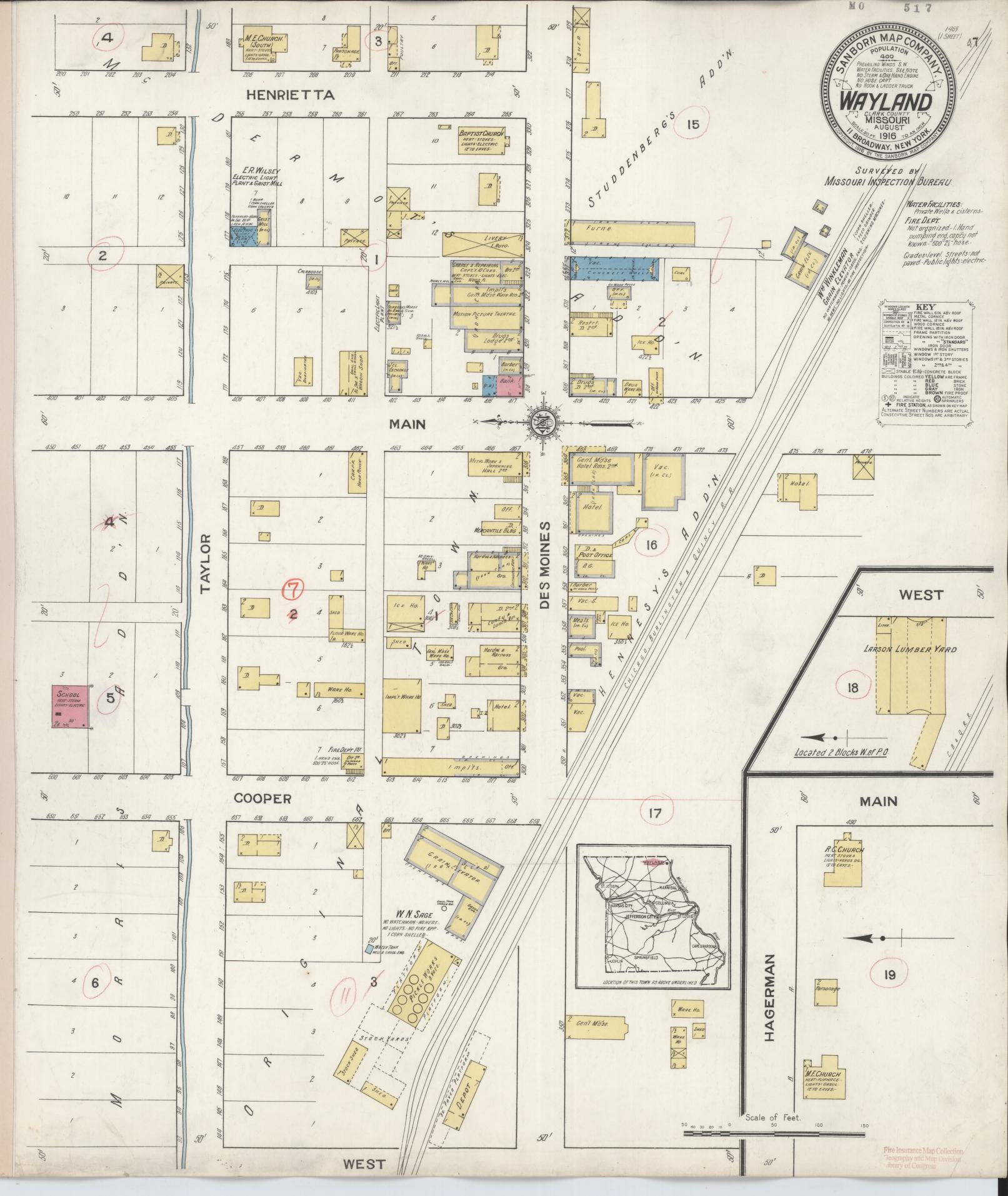Sanborn Fire Insurance Map from Wayland, Clark County, Missouri. (1916) – Historic Sanborn Fire Insurance Map Print