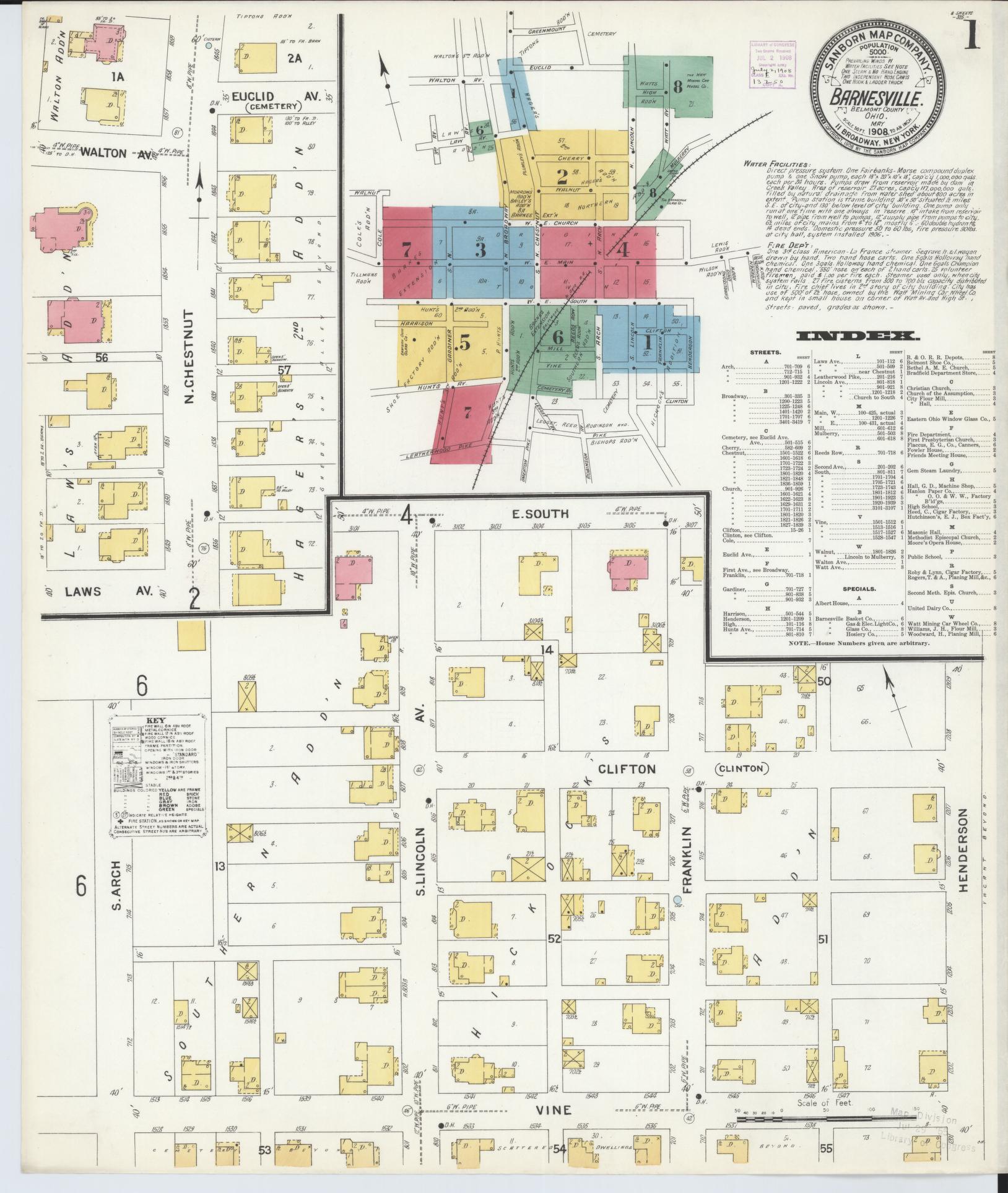 Sanborn Fire Insurance Map from Barnesville, Belmont County, Ohio (1908), Sheet #0001 - Historic Sanborn Fire Insurance Map Print, vintage old map wall art, antique decor, genealogy gift, Ohio Ohio map
