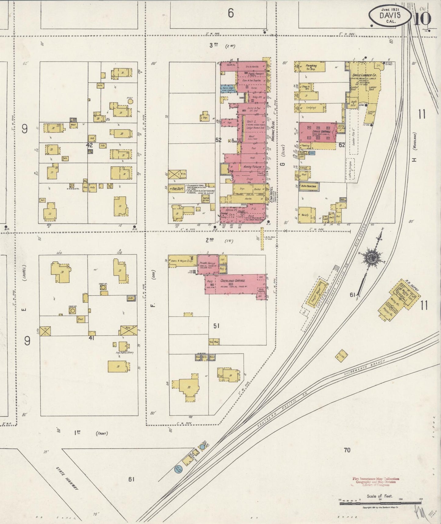 Sanborn Fire Insurance Map from Davis, Yolo County, California (1921), Sheet #0010 - Historic Sanborn Fire Insurance Map Print, vintage old map wall art, antique decor, genealogy gift, California California map