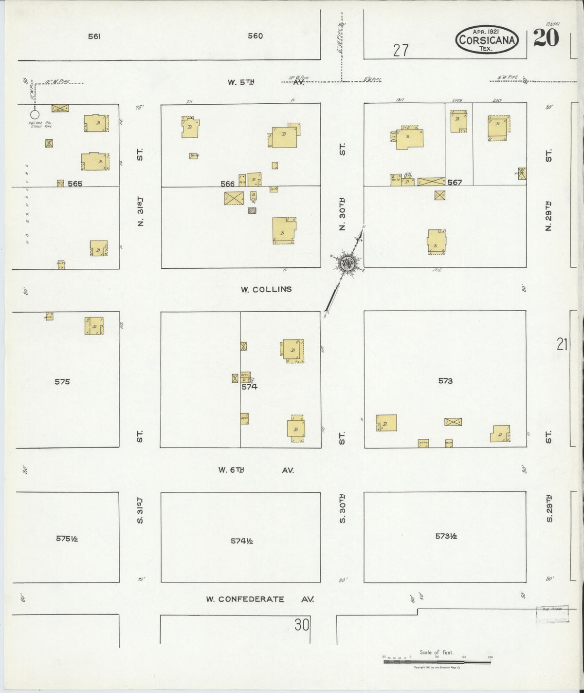 Sanborn Fire Insurance Map from Corsicana, Navarro County, Texas (1921), Sheet #0020 - Complete Map Set gallery image, historic Sanborn map, vintage wall art, Texas Texas
