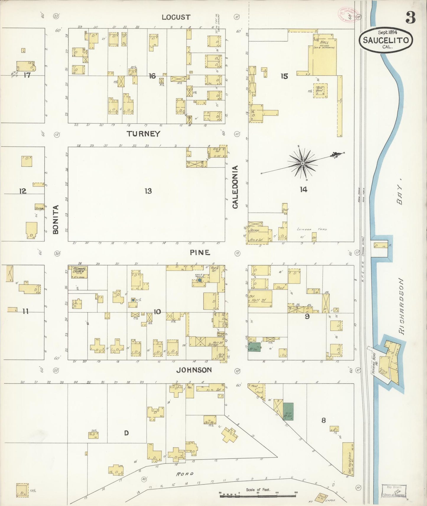 Sanborn Fire Insurance Map from Sausalito, Marin County, California (1894), Sheet #0003 - Complete Map Set gallery image, historic Sanborn map, vintage wall art, California California