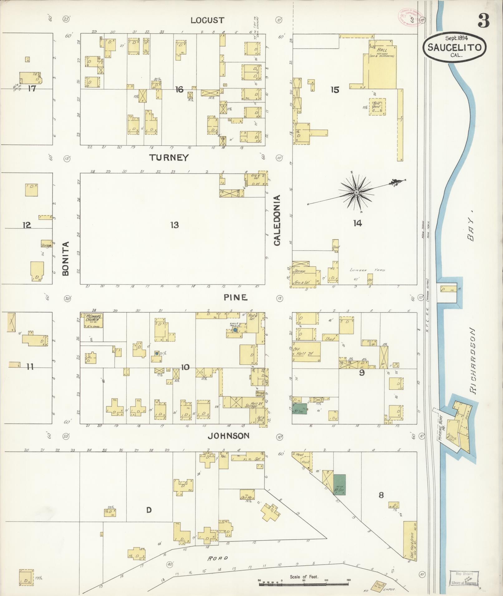 Sanborn Fire Insurance Map from Sausalito, Marin County, California (1894), Sheet #0003 - Complete Map Set gallery image, historic Sanborn map, vintage wall art, California California