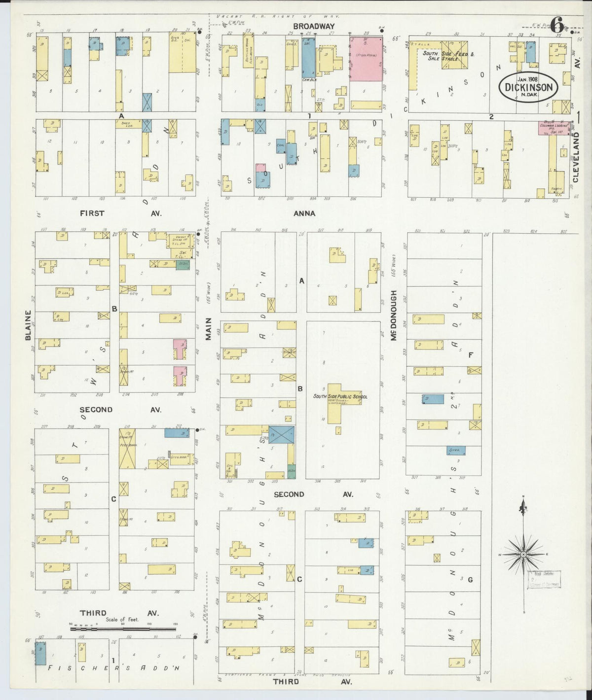Sanborn Fire Insurance Map from Dickinson, Stark County, North Dakota (1908), Sheet #0006 - Complete Map Set gallery image, historic Sanborn map, vintage wall art, North Dakota North Dakota