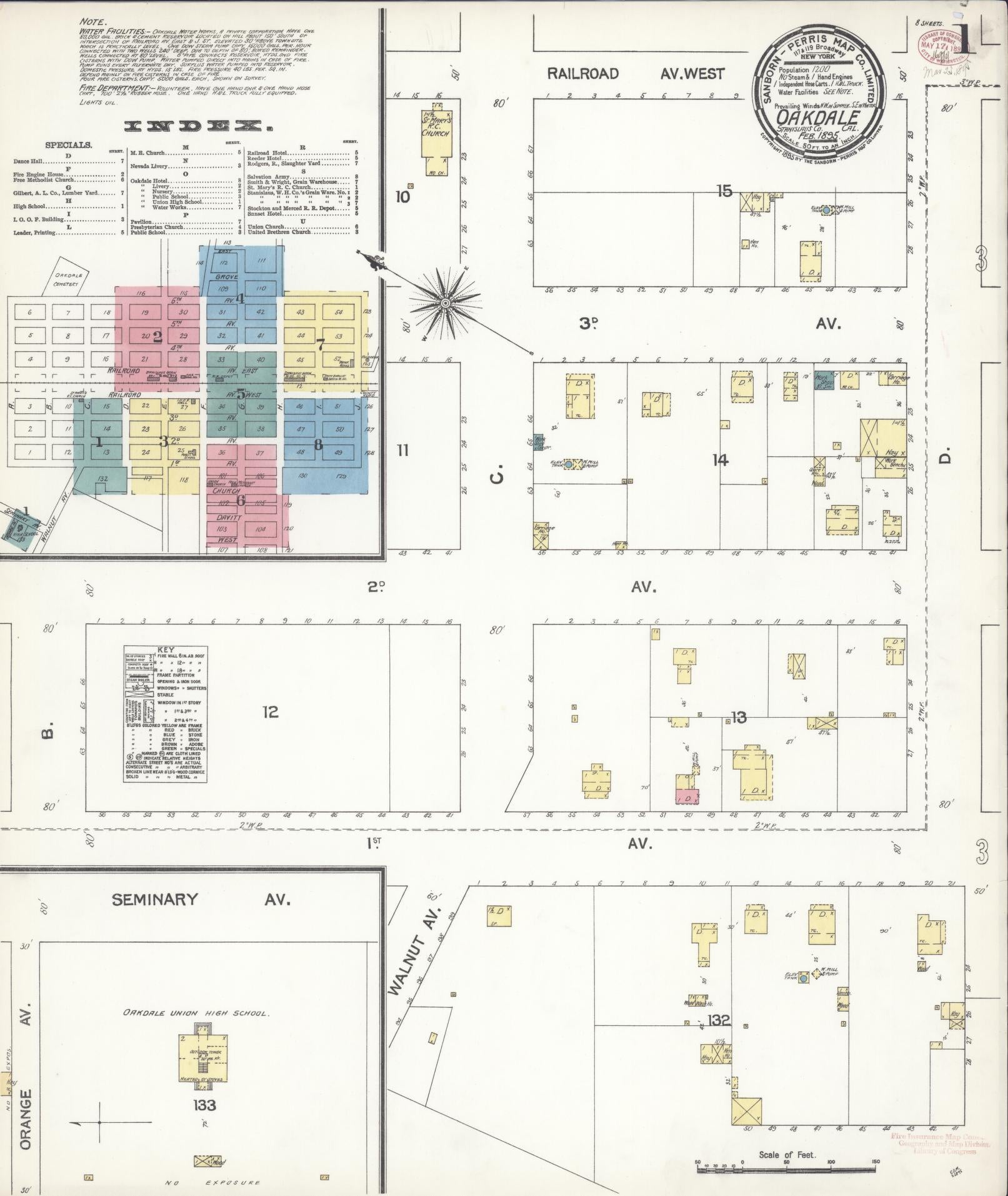 Sanborn Fire Insurance Map from Oakdale, Stanislaus County, California (1895), Sheet #0001 - Historic Sanborn Fire Insurance Map Print, vintage old map wall art, antique decor, genealogy gift, California California map