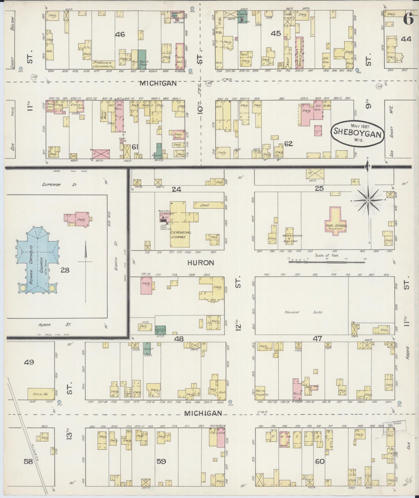 Sanborn Fire Insurance Map from Sheboygan, Sheboygan County, Wisconsin (1887), Sheet #0006 - Historic Sanborn Fire Insurance Map Print, vintage old map wall art, antique decor, genealogy gift, Wisconsin Wisconsin map