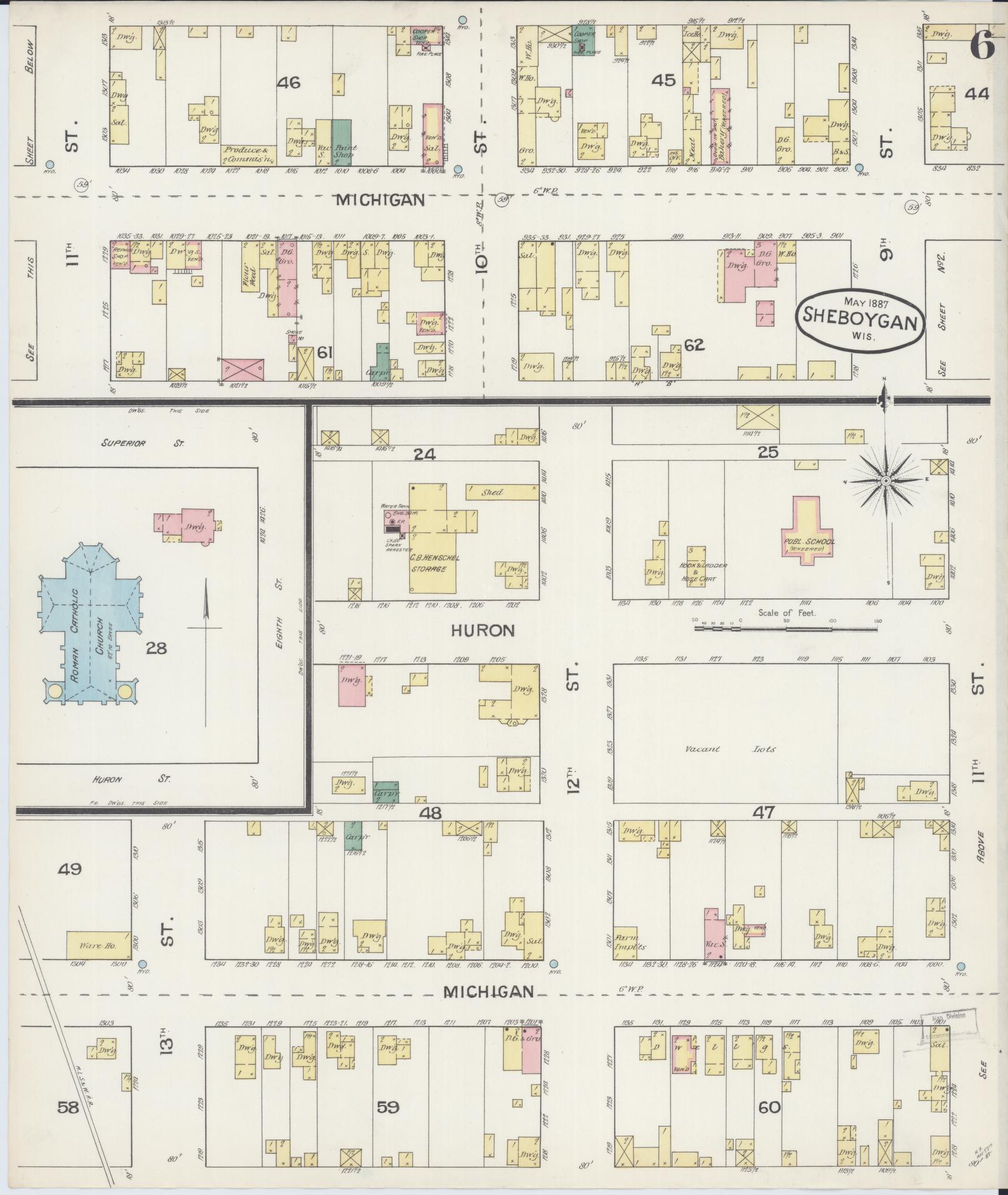 Sanborn Fire Insurance Map from Sheboygan, Sheboygan County, Wisconsin (1887), Sheet #0006 - Historic Sanborn Fire Insurance Map Print, vintage old map wall art, antique decor, genealogy gift, Wisconsin Wisconsin map