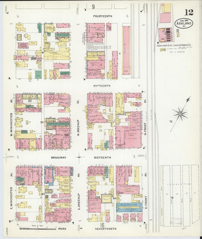 Sanborn Fire Insurance Map from Ashland, Boyd County, Kentucky (1907), Sheet #0012 - Complete Map Set gallery image, historic Sanborn map, vintage wall art, Kentucky Kentucky