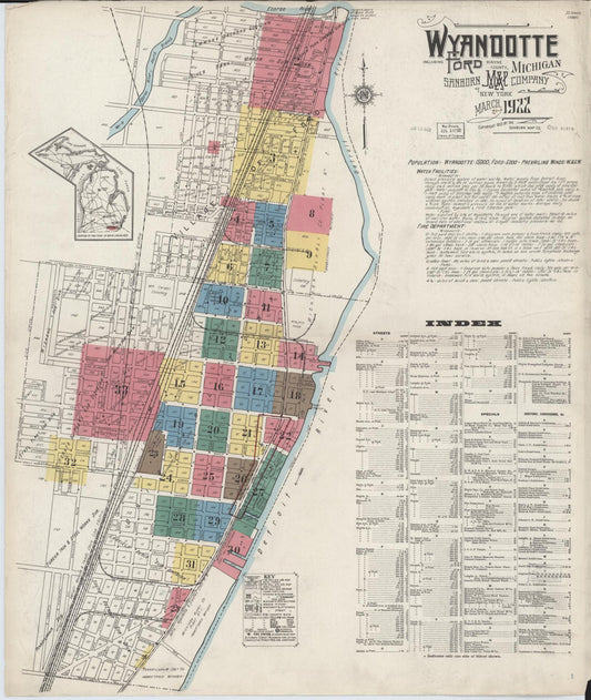 Sanborn Fire Insurance Map from Wyandotte, Wayne County, Michigan (1922), Sheet #0001 - Historic Sanborn Fire Insurance Map Print, vintage old map wall art, antique decor, genealogy gift, Michigan Michigan map