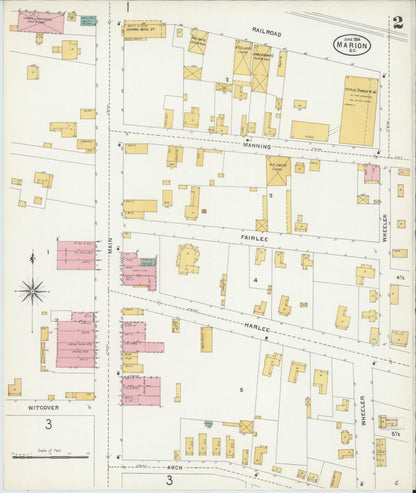 Sanborn Fire Insurance Map from Marion, Marion County, South Carolina (1904), Sheet #0002 - Complete Map Set gallery image, historic Sanborn map, vintage wall art, South Carolina South Carolina