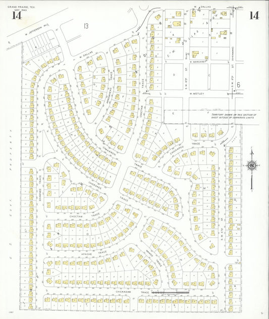 Sanborn Fire Insurance Map from Grand Prairie, Dallas County, Texas (1943), Sheet #0014 - Historic Sanborn Fire Insurance Map Print, vintage old map wall art, antique decor, genealogy gift, Texas Texas map