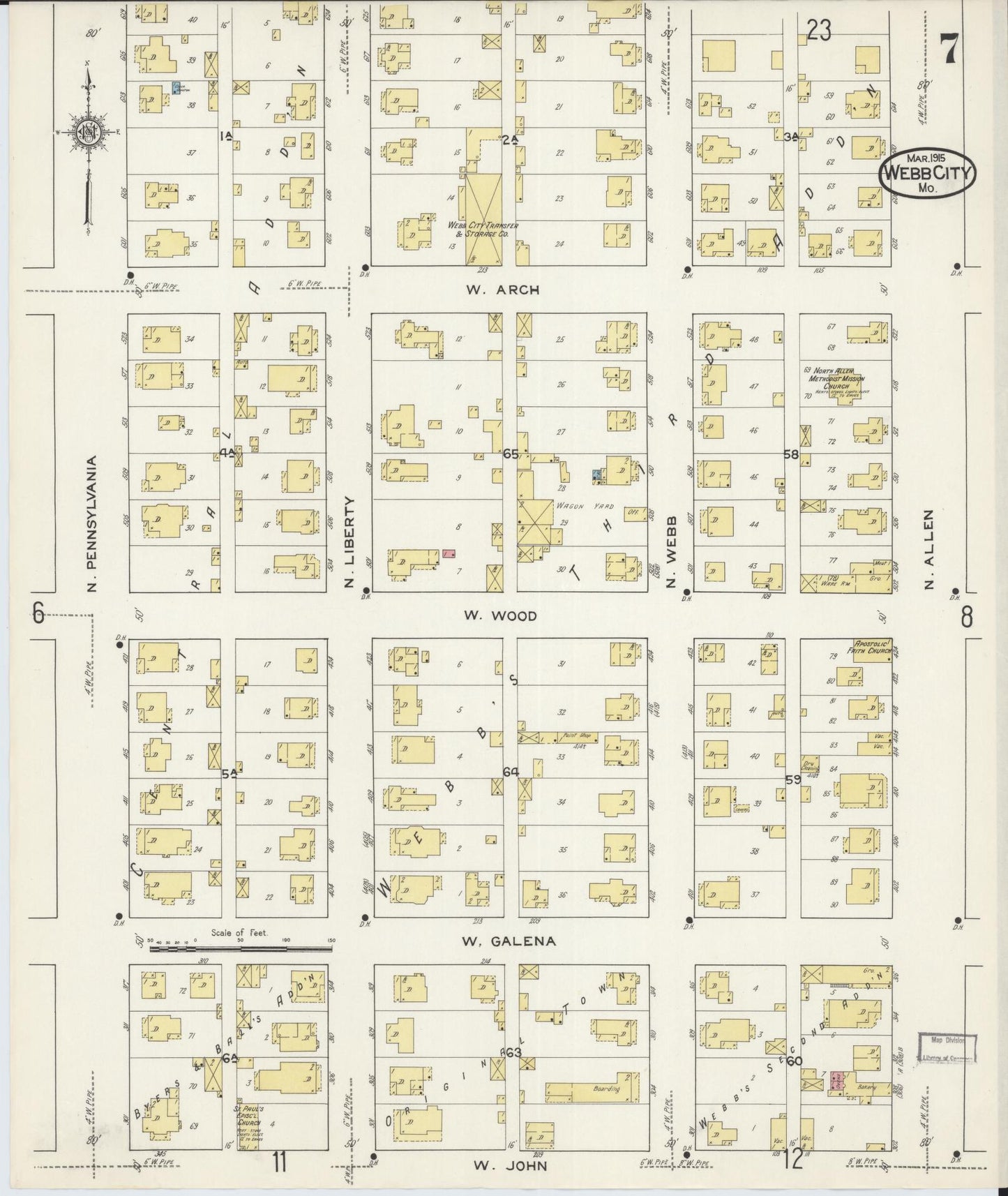 Sanborn Fire Insurance Map from Webb City, Jasper County, Missouri (1915), Sheet #0007 - Historic Sanborn Fire Insurance Map Print, vintage old map wall art, antique decor, genealogy gift, Missouri Missouri map