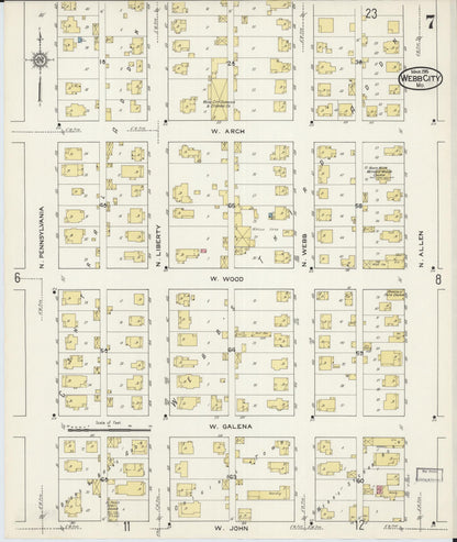 Sanborn Fire Insurance Map from Webb City, Jasper County, Missouri (1915), Sheet #0007 - Historic Sanborn Fire Insurance Map Print, vintage old map wall art, antique decor, genealogy gift, Missouri Missouri map