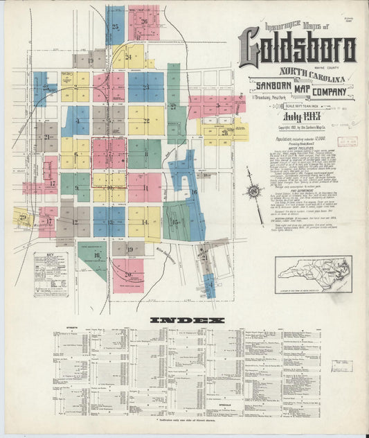 Sanborn Fire Insurance Map from Goldsboro, Wayne County, North Carolina (1913), Sheet #0001 - Complete Map Set gallery image, historic Sanborn map, vintage wall art, North Carolina North Carolina