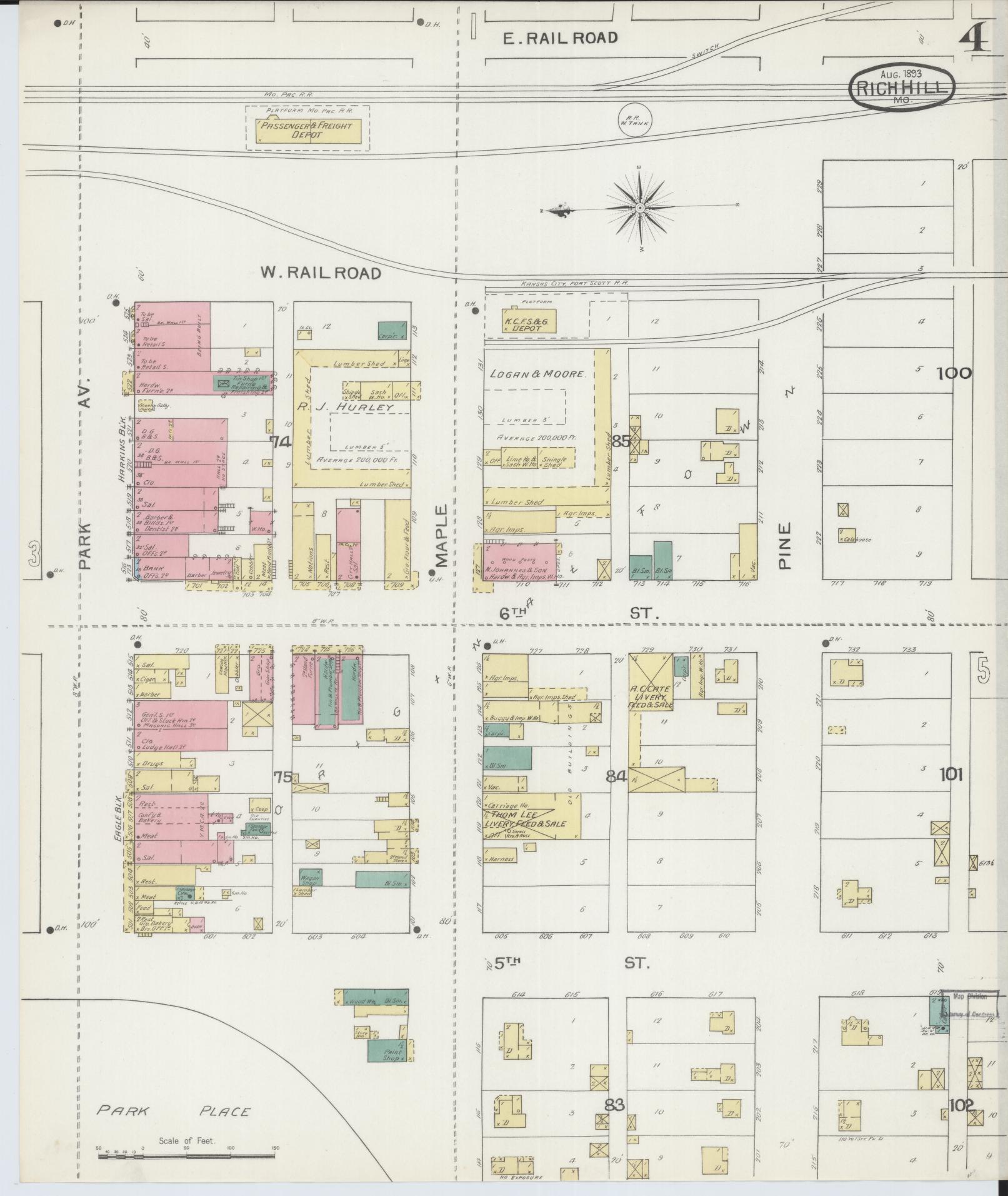 Sanborn Fire Insurance Map from Rich Hill, Bates County, Missouri (1893), Sheet #0004 - Complete Map Set gallery image, historic Sanborn map, vintage wall art, Missouri Missouri