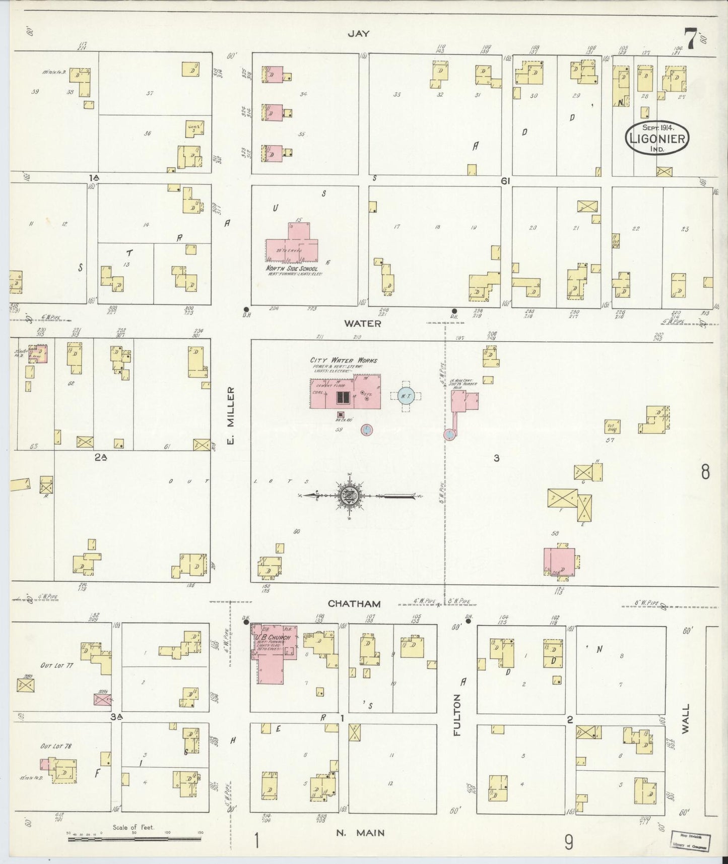 Sanborn Fire Insurance Map from Ligonier, Noble County, Indiana (1914), Sheet #0007 - Complete Map Set gallery image, historic Sanborn map, vintage wall art, Indiana Indiana