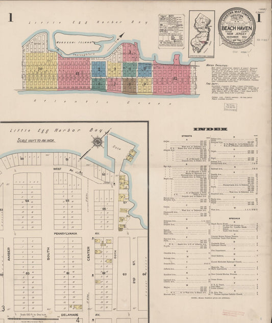 Sanborn Fire Insurance Map from Beach Haven, Ocean County, New Jersey (1922), Sheet #0001 - Historic Sanborn Fire Insurance Map Print, vintage old map wall art, antique decor, genealogy gift, New Jersey New Jersey map