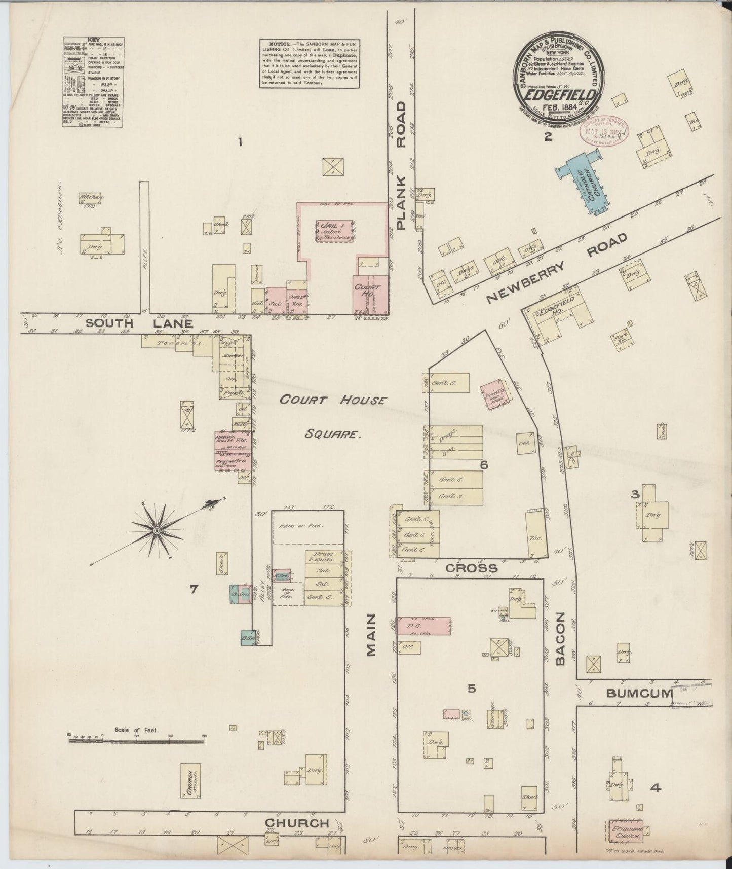 Sanborn Fire Insurance Map from Edgefield, Edgefield County, South Carolina (1884), Sheet #0001 - Historic Sanborn Fire Insurance Map Print, vintage old map wall art, antique decor, genealogy gift, South Carolina South Carolina map