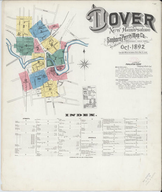 Sanborn Fire Insurance Map from Dover, Strafford County, New Hampshire (1892), Sheet #0001 - Historic Sanborn Fire Insurance Map Print, vintage old map wall art, antique decor, genealogy gift, New Hampshire New Hampshire map