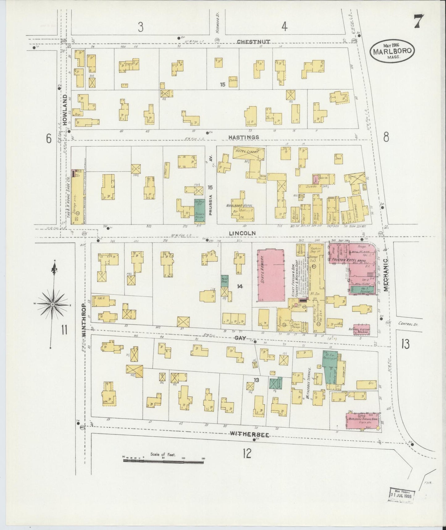 Sanborn Fire Insurance Map from Marlborough, Middlesex County, Massachusetts (1906), Sheet #0007 - Complete Map Set gallery image, historic Sanborn map, vintage wall art, Massachusetts Massachusetts