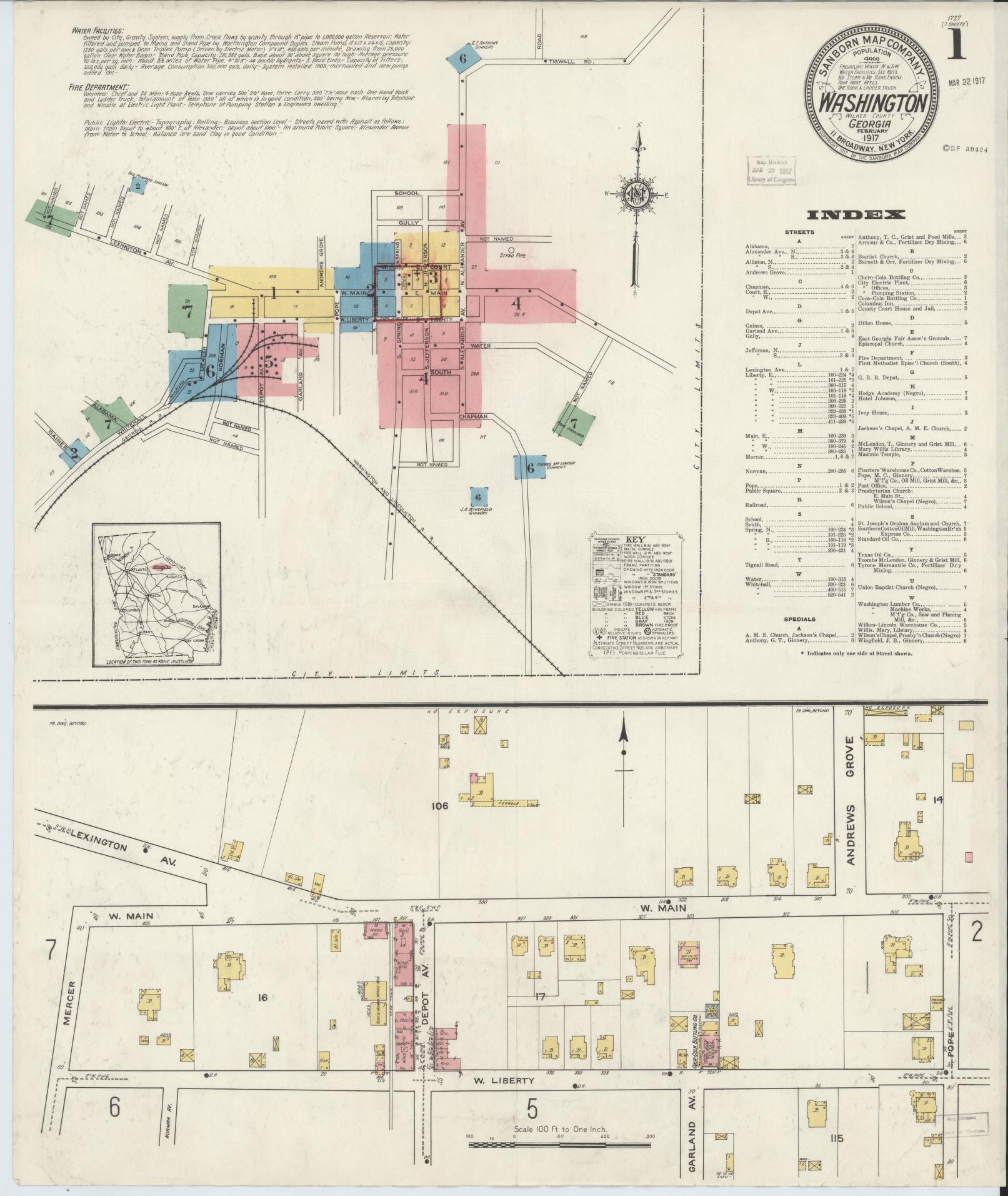Sanborn Fire Insurance Map from Washington, Wilkes County, Georgia (1917), Sheet #0001 - Complete Map Set gallery image, historic Sanborn map, vintage wall art, Georgia Georgia