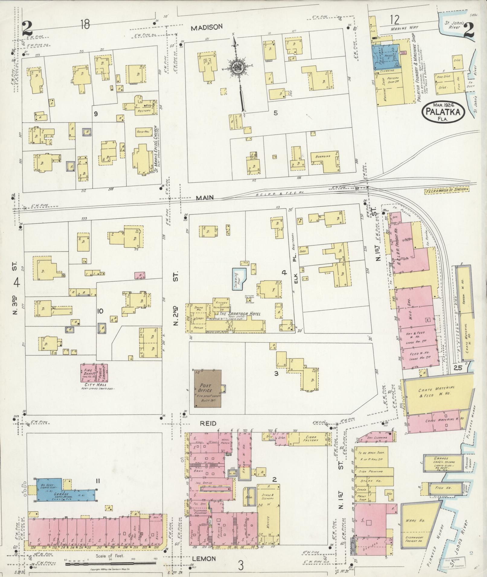 Sanborn Fire Insurance Map from Palatka, Putnam County, Florida (1924), Sheet #0002 - Complete Map Set gallery image, historic Sanborn map, vintage wall art, Florida Florida