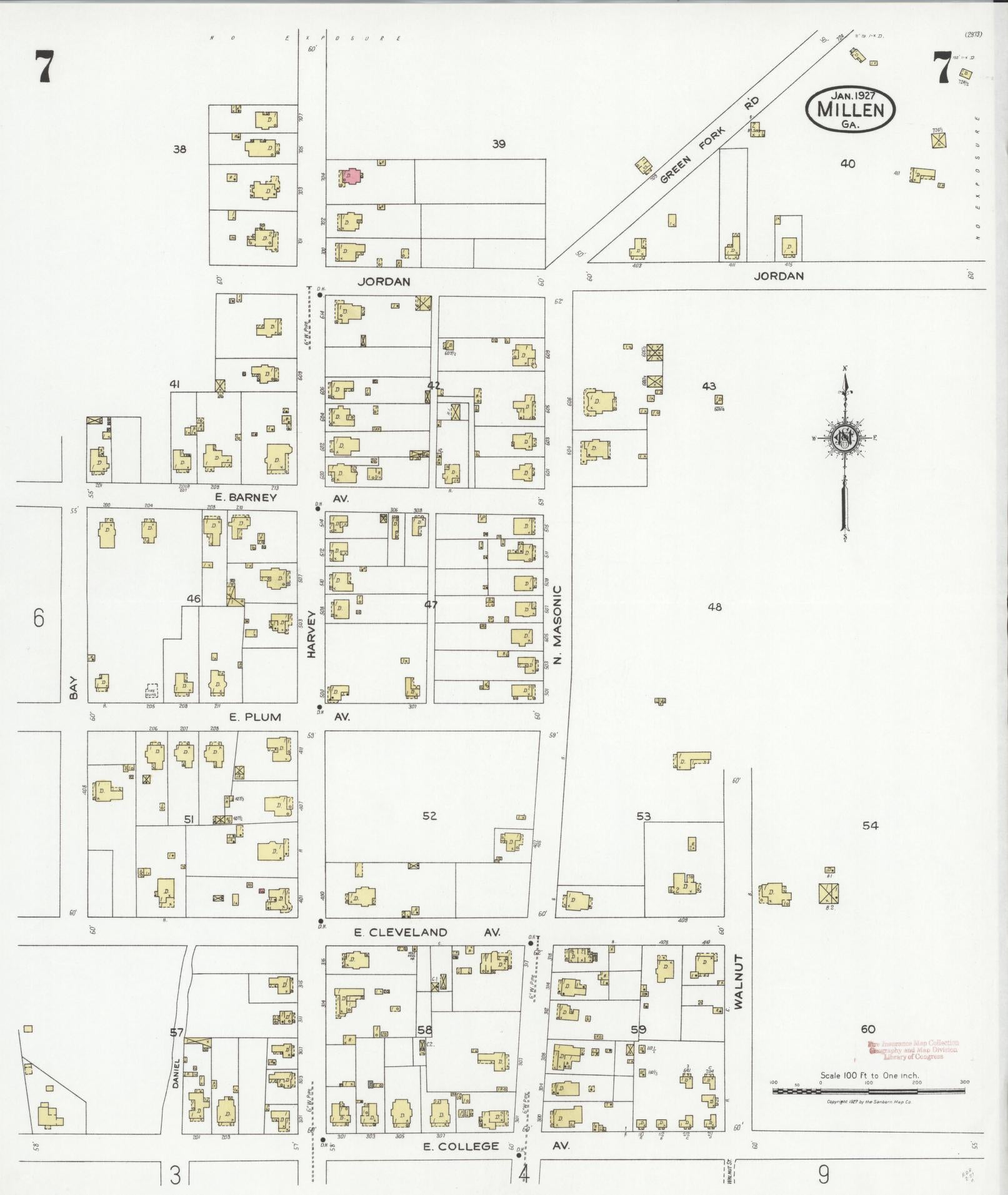 Sanborn Fire Insurance Map from Millen, Jenkins County, Georgia (1927), Sheet #0007 - Historic Sanborn Fire Insurance Map Print, vintage old map wall art, antique decor, genealogy gift, Georgia Georgia map
